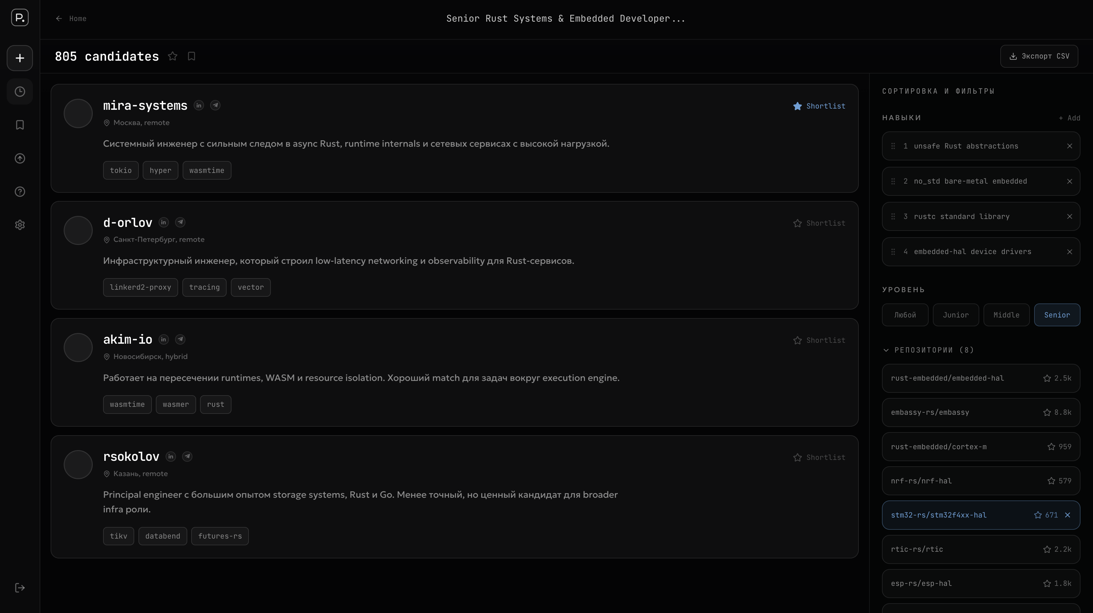 Демо Profounds: список кандидатов с фильтрами и сигналами